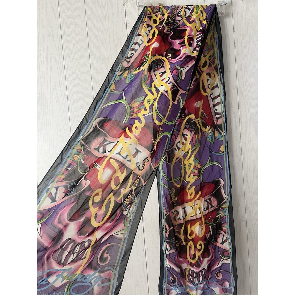 VTG Y2K Ed Hardy Christian Audigier Love Skulls Scarf Tattoo 86" x 13" Hearts